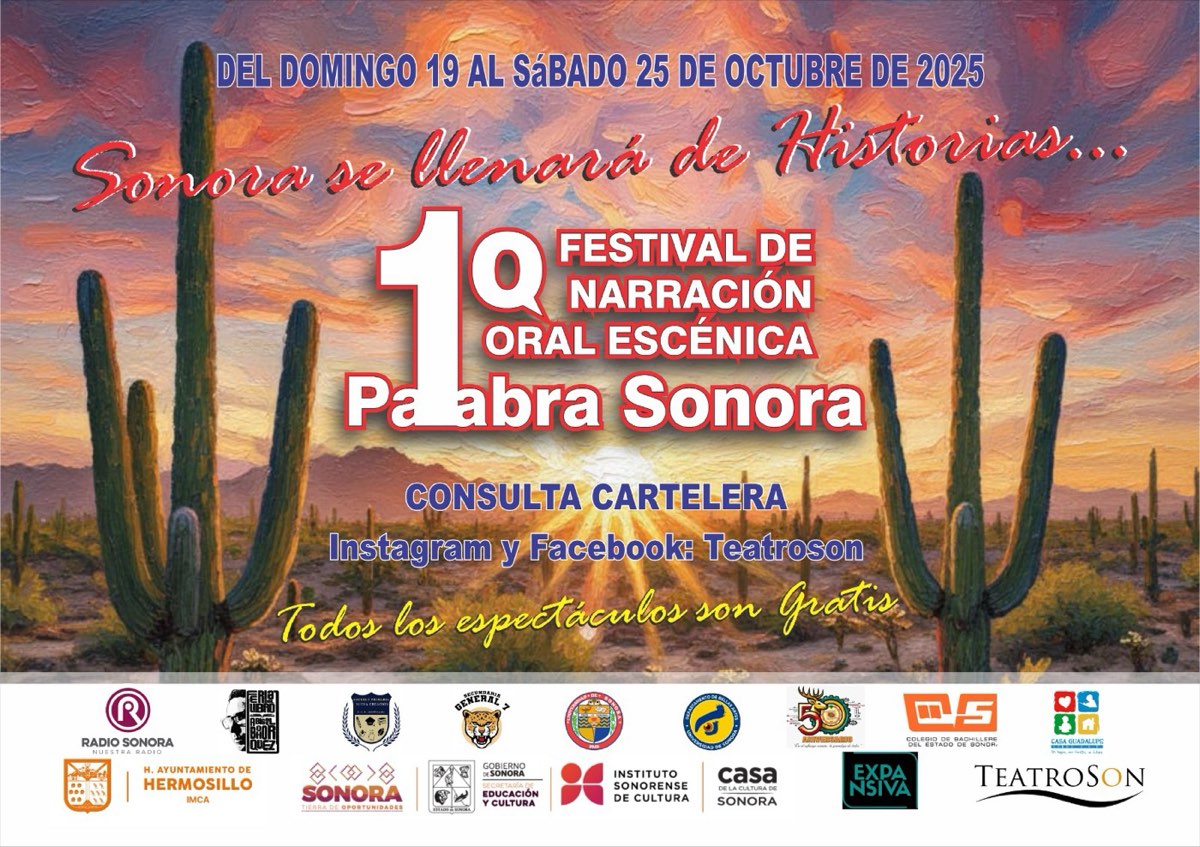 Cartel oficial del primer Festival de Narración Oral Escénica Palabra Sonora, del 19 al 25 de octubre de 2025, sobre un paisaje de saguaros al atardecer.